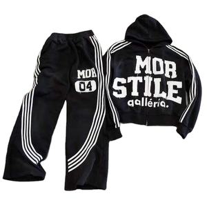 Chándal acampanado lavado ácido personalizado para hombre, sudadera con cremallera y pantalones de chándal, conjuntos de ropa deportiva desgastada de gran tamaño para hombre - Product Image 1