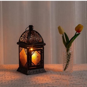 Traditional Moroccan Metal <b>Lantern</b> with Ornate Pattern Amber Glass <b>Candle</b> Holder for Indoor <b>Outdoor</b> Decor - Product Image 3