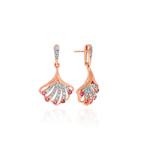 Premium Rose Gold Flower Petal <b>Dangle</b> <b>Earrings</b> with Sparkling White Stones and Pink Gemstone Accents Luxury Fashion Jewelry - Product Image 2