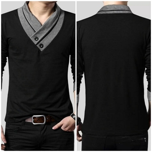 Camiseta de Manga Larga para Hombre, Elegante, con Cuello Chal, Botones Decorativos y Corte Ajustado - Product Image 4