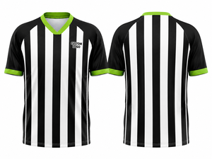 Men Black White Striped <b>Referee</b> Shirt Green V Neck Trim Short Sleeve Professional Football Officials Performance Game Jersey - Product Image 4