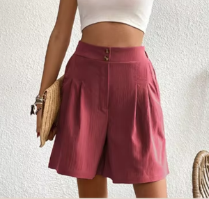 กางเกงขาสั้นจีบสีดำเอวสูงสำหรับผู้หญิง มีกระดุมด้านหน้า ผ้าทอเนื้อแน่น ทรงปกติ - Product Image 2