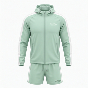 ชุดเซ็ตเสื้อฮู้ดกันลมแบบมีซิปและกางเกงขาสั้น OEM ผ้าไนลอนกันน้ำ สำหรับออกกำลังกาย วิ่งจ๊อกกิ้ง ลำลอง ใส่ได้ในฤดูร้อน 2 ชิ้น - Product Image 1