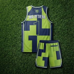 Ensemble de maillot et short de basket-ball sublimé personnalisé pour homme MA-ATTIERA, vert lime et bleu marine, uniforme de sport respirant - Product Image 5