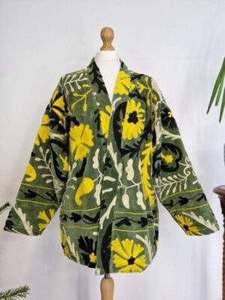 เสื้อแจ็คเก็ตผ้าฝ้ายซูซานีงานฝีมือสุดหรู สีเขียวมะกอก ปักลายพฤกษศาสตร์ พร้อมเข็มขัด สไตล์วินเทจ โบโฮ เอธนิค เสื้อคลุมผู้หญิง - Product Image 4