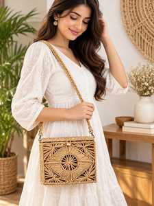 <b>Boho</b> Geometric Handmade Raffia Woven Straw Crossbody Beach Shoulder <b>Bag</b> with Drawstring Closure for Women - Product Image 4