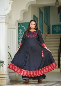 Women's Plus Size Rayon Angrakha Kurta Black SOLID <b>Sequin</b> Work Mandarin Collar Three Quarter Sleeves Comfortable Wear - Product Image 4