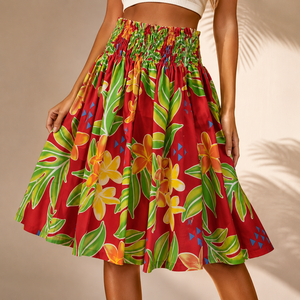 Women's <b>Elastic</b> Waist Floral Print A-Line <b>Skirt</b> Red Green Yellow Summer Casual Knee-Length Satin <b>Skirt</b> Vietnam Manufacturer - Product Image 1