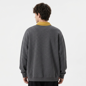 Sweat-shirt décontracté surdimensionné à manches longues pour homme, en molleton gris et jaune, anti-rétrécissement, en polyester, avec col boutonné - Product Image 4