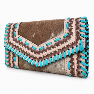 Portefeuille en cuir de vachette pleine fleur de qualité supérieure, style western, avec surpiqûres turquoise |   Portefeuille à main pour femme en cuir véritable travaillé - Product Image 3