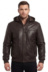 Wholesale <b>Men</b> Real <b>Leather</b> Zippered Eco-Friendly Hooded <b>Jacket</b> Dark <b>Brown</b> Detachable Hood Bomber Custom Aviator Flight Outerwear - Product Image 5