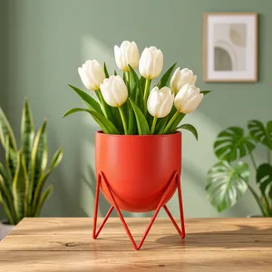Pot de fleurs moderne en métal rouge avec support géométrique en fer, pot décoratif pour plantes d'intérieur et d'extérieur, maison, jardin, balcon - Product Image 6