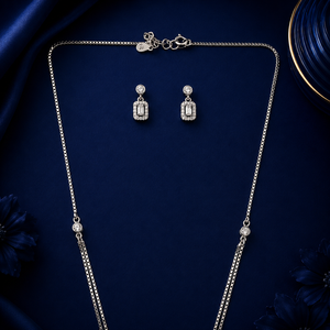 925 Sterling Silver Emerald Cut Zircon Gemstone Crystal Pendant <b>Long</b> Layered <b>Necklace</b> Set Matching Earrings Set Rhodium Plated - Product Image 3