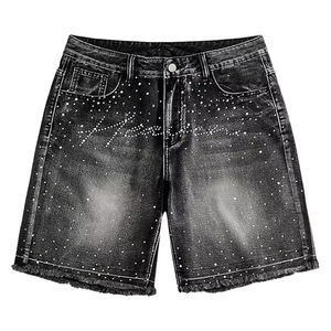 Shorts en jean pour hommes style urbain avec strass, coupe ample, en coton respirant, décontractés pour l'été, tailles personnalisées - Product Image 1