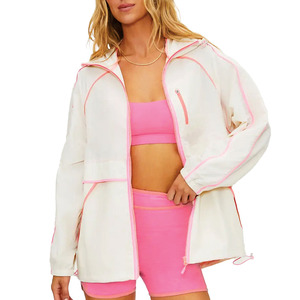 Custom Pink White Women’s <b>Lightweight</b> Hooded Windbreaker Quick Dry Outdoor Fitness Running Zip Up OEM Activewear Men's <b>Jackets</b> - Product Image 6