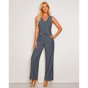 2025 femmes 2 pièces habillé décontracté pantalon costumes sans manches Blazer gilet avec taille haute large jambe pantalon pour travail bureau - Product Image 4