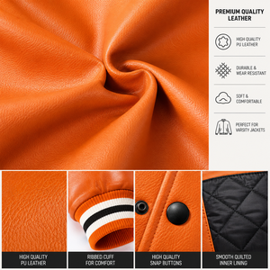 Custom Orange Varsity Letterman Jacket Men PU Leather Baseball College Jacket Embroidered Chenille Patch Bomber Jacket OEM Bulk - Product Image 5