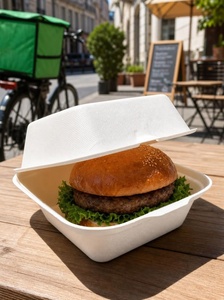 Boîte à clapet en bagasse écologique 6x6 pouces pour hamburgers, frites et emballages de snacks, sandwichs, wraps et repas à emporter, service de restauration - Product Image 1