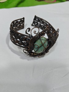 copper wire wrapped cuff bracelet handmade <b>jade</b> cuff light green stone bracelet wire wrap <b>bangle</b> adjustable copper cuff boho wir - Product Image 4