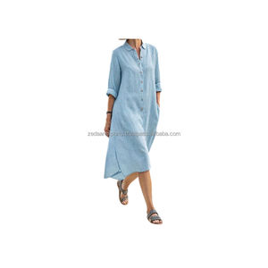 Vestido camisero de lino ligero para mujer, informal, de manga larga, para vacaciones de verano, ropa informal con abertura lateral, ropa informal sólida Natural - Product Image 3