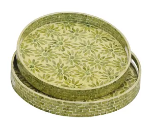 Sage green Mother of pearl tray <b>Nested</b> <b>round</b> shell mosaic serving platters with floral pattern for rustic home <b>table</b> decor - Product Image 2