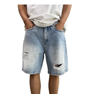 Pantalones Cortos de Mezclilla Desgastados para Hombre, Estilo Vintage, Deshilachados, Corte Holgado, Estilo Urbano, 100% Algodón, Secado Rápido, Cierre con Cordón - Product Image 3