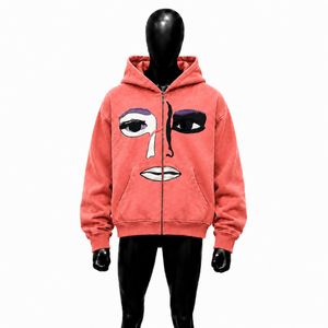 Sudadera con capucha y cremallera completa personalizada, rosa coral, con arte facial, estilo oversize, streetwear, gráfico, unisex, moda casual - Product Image 1