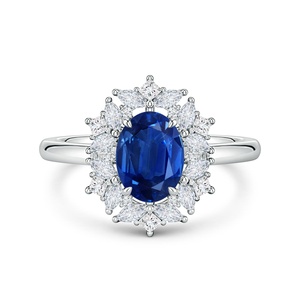 Anillo de Compromiso de Oro Sólido de 14K con Zafiro Azul Natural de Corte Ovalado, Halo Ornamentado con Diamantes de Varias Formas, Diseño Único, Anillos de Oro Hechos a Mano - Product Image 1