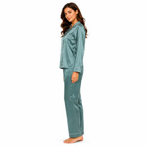 Pyjama décontracté pour femme en satin tissé 100 % polyester, manches longues, 2 pièces, motif uni, col cranté, lavable en machine, toutes tailles - Product Image 4