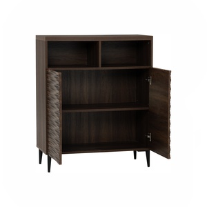 Gabinete Multifuncional de Alta Gama con Diseño Acordonado, en Nogal Oscuro y Patas de Metal Negro Resistente, con Estantes Abiertos para Oficinas en Casa - Product Image 3