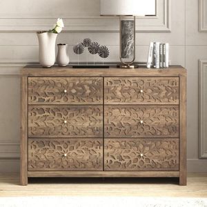 Luxury Handcrafted Solid Wood 6 Drawer Dresser Ornate Lattice Floral Carving Natural Walnut Finish - Product Image 1