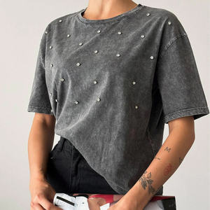 Vintage Washed Grey Rhinestone <b>Studded</b> T Shirt Oversized Streetwear Faded Tee Custom Logo Wholesale - Product Image 3