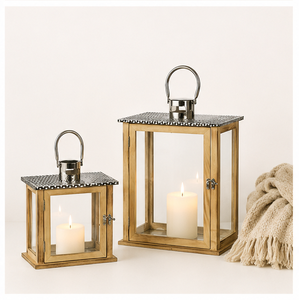 Handcrafted Rustic Wooden Candle <b>Lantern</b> <b>Set</b> of 2 Vintage Decorative Glass Hurricane <b>Lanterns</b> for Farmhouse Home Decor Weddings - Product Image 4
