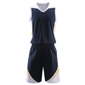 Ensemble de basketball personnalisé sublimé, bleu marine et jaune, en polyester anti-humidité, unisexe adulte, toutes saisons, col en V, sans manches, coupe athlétique - Product Image 1