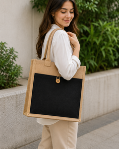 Jute Shopping <b>Bag</b> <b>Medium</b> <b>Size</b> Button Closure Hand Carry Daily Use Black Panel Design - Product Image 3