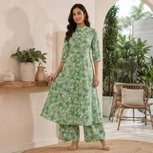 Ensemble Kurta Plazo pour femmes, vert, en coton, imprimé floral, coupe trapèze, manches trois quarts, col mandarin, deux pièces, traditionnel, ethnique, décontracté - Product Image 1