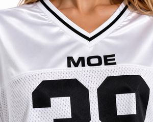 Fabrication de maillots de football américain personnalisés pour femmes, manches longues, coupe courte, 100% polyester, maille, col en V, t-shirts décontractés, approvisionnement en gros - Product Image 5