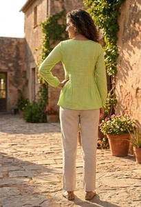 Conjunto de Top Peplum de Lino y Pantalones Rectos para Mujer, Estilo Casual Chic, Mezcla de Algodón Pastel, Cómodo para Uso Diario - Product Image 5