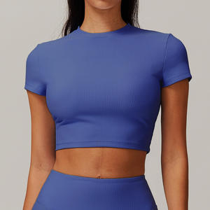 Custom Wholesale Women Round Neck Crop Top & Shorts Set Elastic Cuff Stripe <b>Tight</b> Plain Yoga Fitness Set - Product Image 5