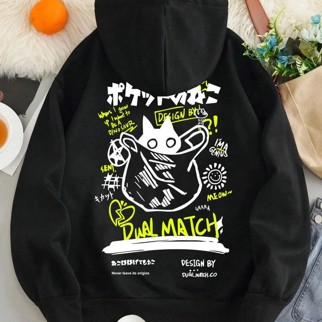 Black Cat Letter Hoodie Men Women Outdoor Street Casual Sport Fun Polyester/Cotton Breathable Adult Autumn Winter Sweatshirt Top