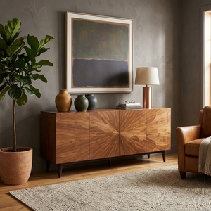 Buffet moderne en bois de noyer et teck avec motif incrusté soleil, armoire à 4 portes, console TV, meuble de rangement pour salon - Product Image 4