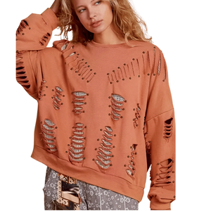Sudaderas de punto extragrandes para mujer, de cuello redondo, con hombros caídos, estilo modesto, desgastadas, rasgadas y lavadas a la piedra, para otoño, estilo streetwear - Product Image 5