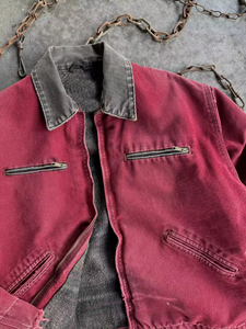 Blouson bomber en toile rouge pour homme, col rabattu, fermeture à bouton unique, style workwear, 100% coton, séchage rapide, respirant, hiver - Product Image 4