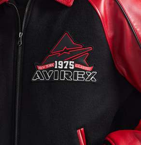Avirex <b>Men's</b> Black Red Varsity <b>Jacket</b> Leather Embroidered Logo Front Zipper Casual Autumn Wear Bright Red Leather Mix of Passion - Product Image 3