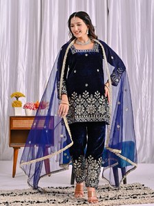 Women's Navy Blue Velvet Salwar Kameez Silver Embroidery Traditional Indian Pakistani Wedding Party Wear Quick Dry Regular Fit - Product Image 1