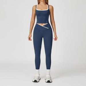 Women's Black Yoga <b>Set</b> <b>Square</b> Neck Crisscross Strap Crop Top High Waist Elastic Waist Leggings 2 Piece Seamless Sweat-Wicking - Product Image 2