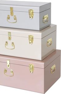 Stackable Metal Storage Trunks Nested Set of 3 Colorful Steel <b>Memory</b> Chests with Gold Accents for Blankets Toys and <b>Keepsakes</b> - Product Image 3