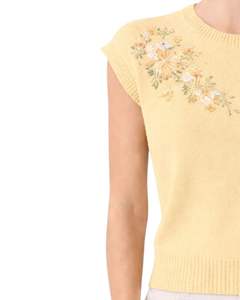 Suéter de Punto sin Mangas para Mujer, Color Amarillo, Bordado Floral, Cuello Redondo, Suave, Ligero, Informal, Chaleco de Verano, Top Elegante y Moderno - Product Image 3