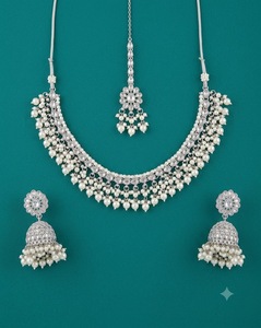<b>Pearl</b> Beaded Cluster Necklace <b>Set</b> With Matching Jhumki Earrings And Mang Tika Reception & Party Wear <b>Jewellery</b> <b>Set</b> Manufacturers - Product Image 5