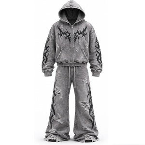 Conjunto de chándal con estampado gótico, sudadera con capucha y cremallera de manga larga, pantalones desgastados, ropa de otoño unisex para adultos - Product Image 2